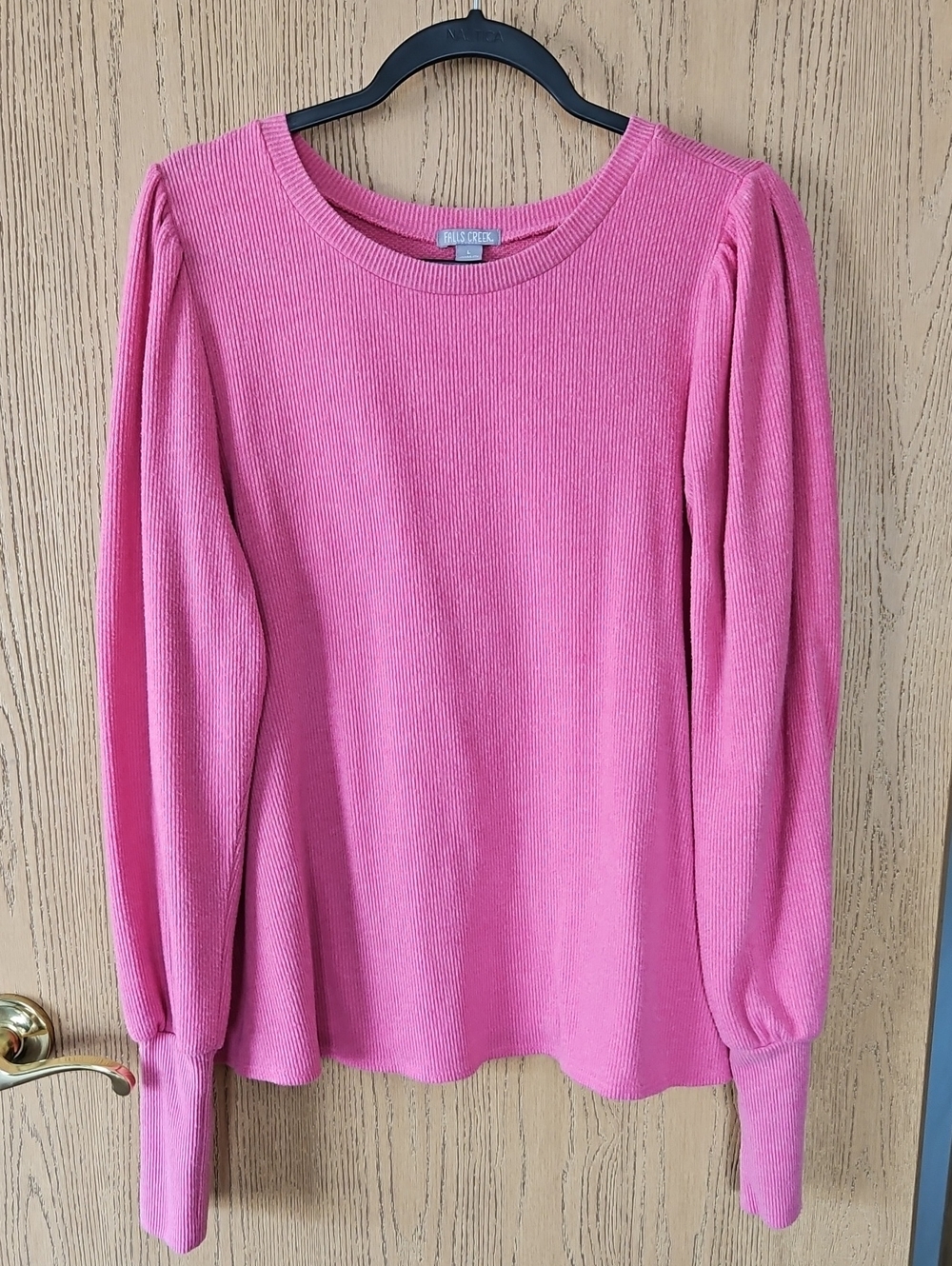 Falls Creek Pink Ribbed Puff-Sleeve Long-Sleeve Top